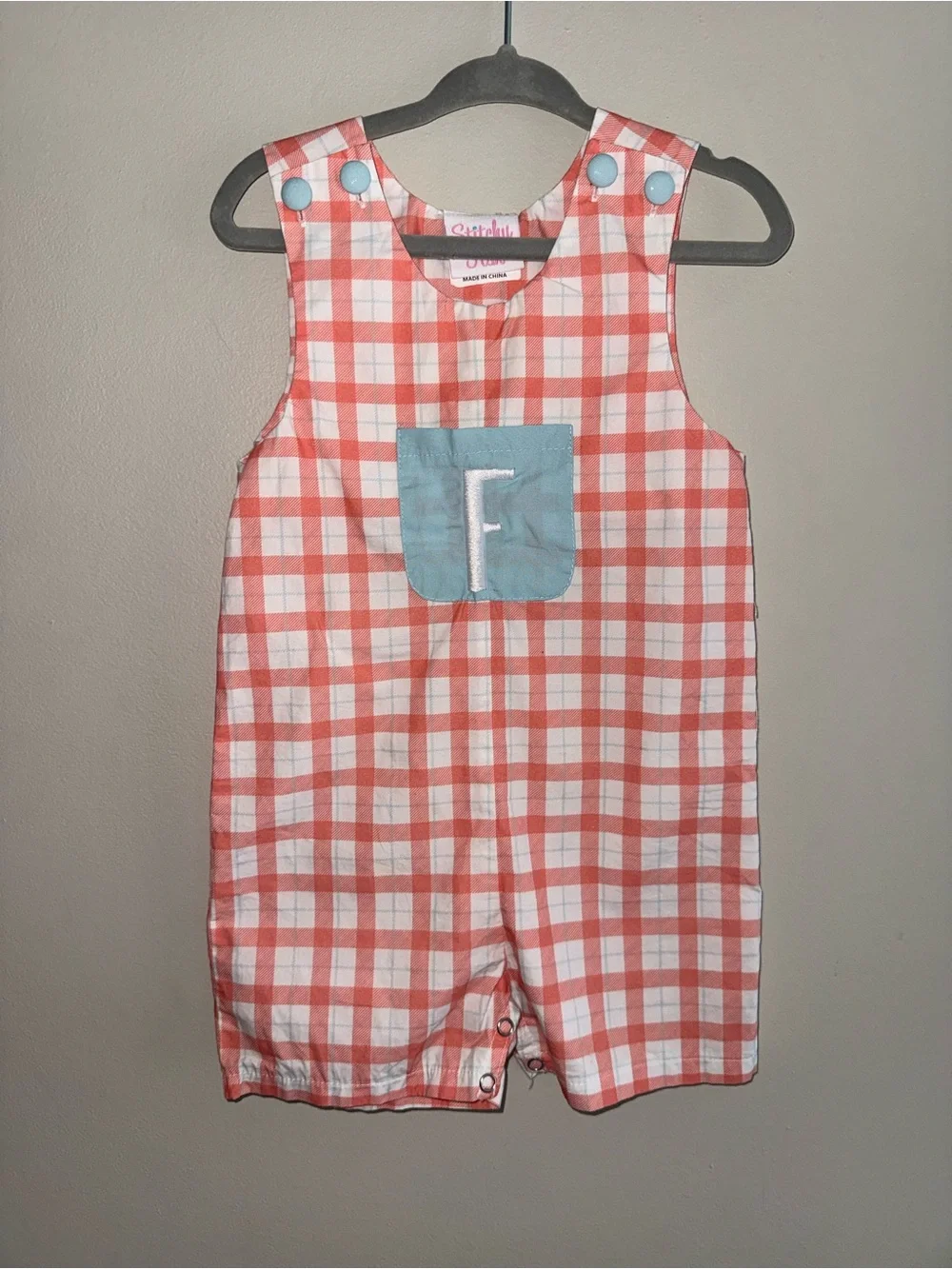 Stitchy Fish Baby Boy Peach Blue White Plaid Cotton Jon Jon Size 9M “F” Monogram